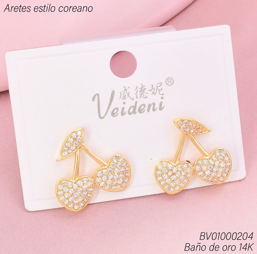 [BV01000204] ARETES BAÑO DE ORO 14K. CEREZAS/ 1 HOJITA ZIRC. EH-3234 (VEI080926)