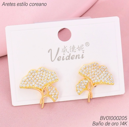 [BV01000205] ARETES BAÑO DE ORO 14K. HOJAS ZIRC. EH-4290 (VEI080926)