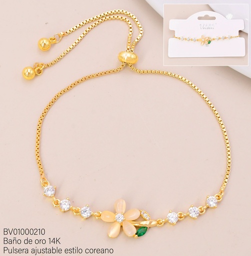 [BV01000210] PULSERA BAÑO DE ORO 14K. FLOR BEIGE C/HOJITAS SL-0530 (VEI080926)