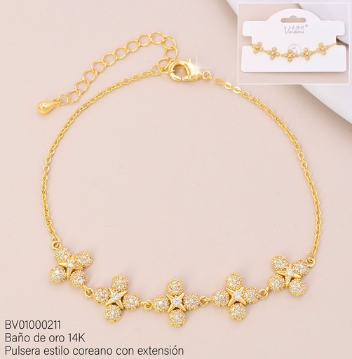 [BV01000211] PULSERA BAÑO DE ORO 14K. 5 FLORES ZIRC. SL-0475 (VEI080926)
