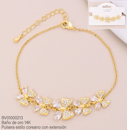 [BV01000213] PULSERA BAÑO DE ORO 14K. 5 MARIPOSAS ZIRC. SL-0448 (VEI080926)