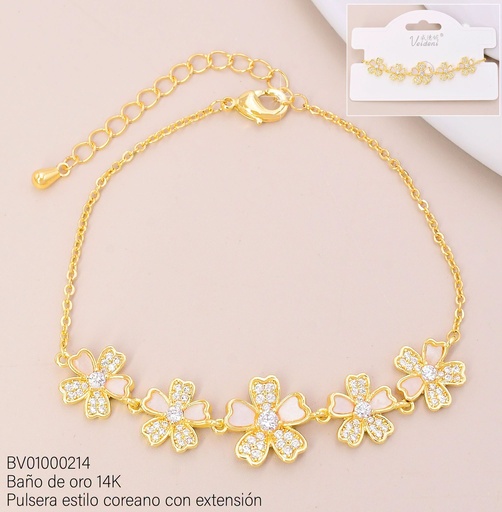 [BV01000214] PULSERA BAÑO DE ORO 14K. 5 FLORES ZIRC.SL-0481 (VEI080926)