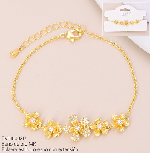 [BV01000217] PULSERA BAÑO DE ORO 14K. 5 FLORES ZIRC.SL-0389 (VEI080926)