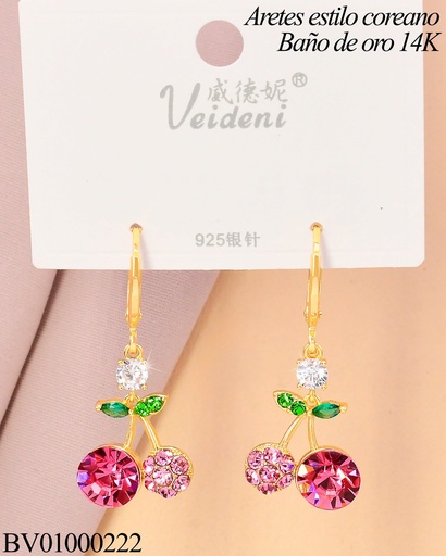 [BV01000222] ARETES HUGGIES LARGOS BAÑO DE ORO 14K.CEREZAS FUCSIAS EH-2649 (VEI080926)