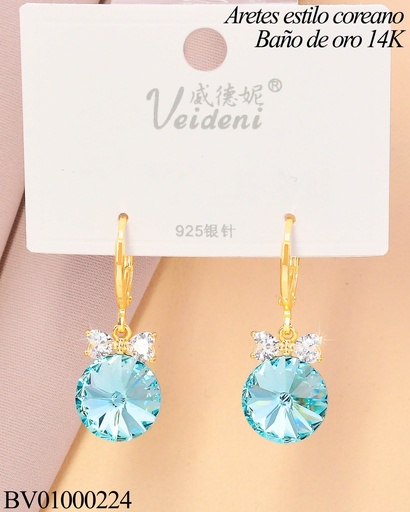[BV01000224] ARETES HUGGIES LARGOS BAÑO DE ORO 14K.ZIRC.CELESTE COLGANTE EH-3014 (VEI080926)