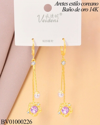 [BV01000226] ARETES HUGGIES LARGOS BAÑO DE ORO 14K.COLGANTE PERLITA-FLOR ZIRC.LILA EH-0543 (VEI080926)