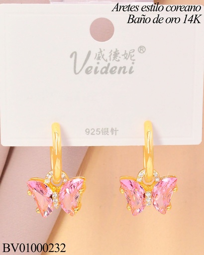 [BV01000232] ARETES HUGGIES LARGOS BAÑO DE ORO 14K.MARIPOSA ZIRC.ROSADA EH-2119 (VEI080926)
