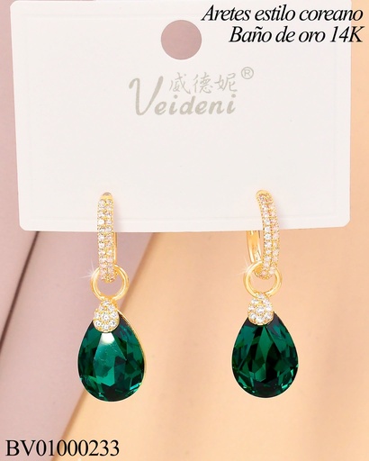 [BV01000233] ARETES HUGGIES LARGOS BAÑO DE ORO 14K.GOTA VERDE ZIRC.EH-00918 (VEI080926)