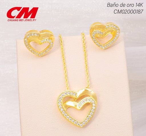 [CM02000187] SET BAÑO DE ORO  14K. DOBLE CORAZON ENTRELAZADOS ZIRC. GT-00020006 (27A)