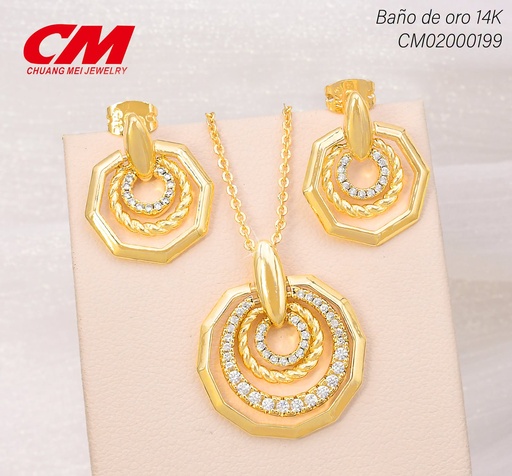 [CM02000199] SET BAÑO DE ORO 14K. ENDECAGONO & DECAG./RUEDAS TORN/ZIRC. GT-09580001 (27A)