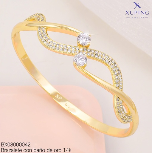 [BX08000042] BRAZALETE BAÑO DE ORO 14K. LINEAS CURVAS LISAS/ZIRC. X001140552 27AGOS(XP)