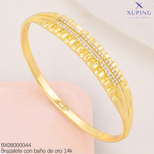 [BX08000044] BRAZALETE BAÑO DE ORO 14K. BORDES SECCIONADO/LINEAS ZIRC. CENTRO X001251335 27AGOS(XP)