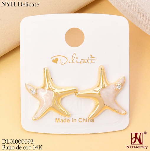 [DL01000093] ARETES BAÑO DE ORO 14K. ESTRELLA MITAD ESMALTADO CREMA GSH1537A (OC.)