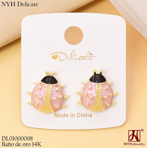[DL01000098] ARETES BAÑO DE ORO 14K. MARIQUITA ESMALTADA ROSADA GSH1532A (OC.)
