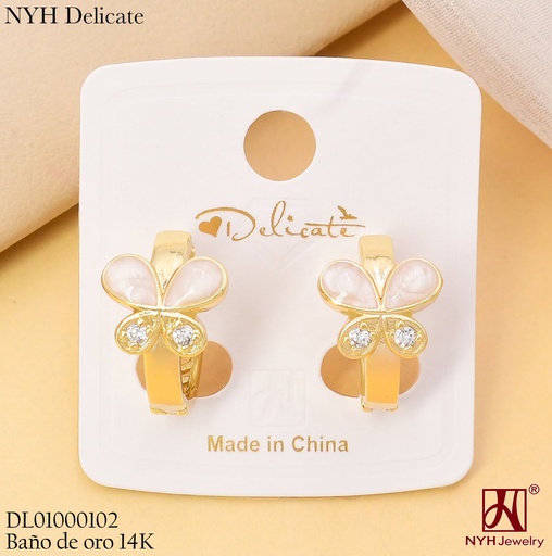 [DL01000102] ARETES BAÑO DE ORO 14K. HUGGIES MARIPOSA ESMALTADA CREMA/ZIRC. LHH1581A (OC.)