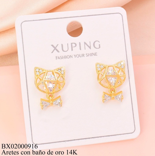 [BX02000916] ARETES BAÑO DE ORO 14K.GATO CALADO C/LAZO (XAG)