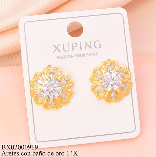 [BX02000919] ARETES BAÑO DE ORO 14K.FLOR PET.CROQUI CORAZON (XAG)