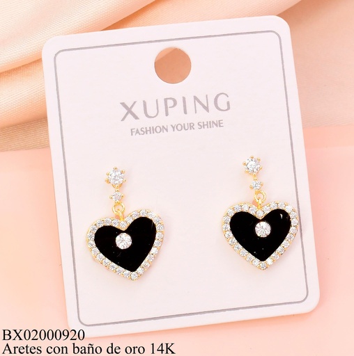 [BX02000920] ARETES BAÑO DE ORO 14K.CORAZON NEGRO BORDE ZIRC.(XAG)