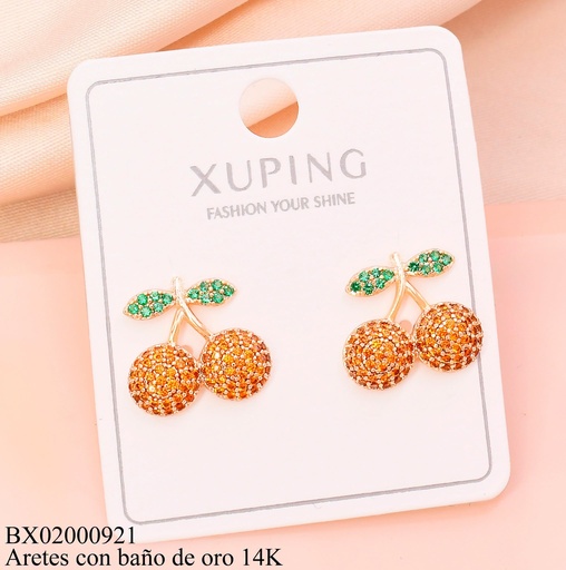 [BX02000921] ARETES BAÑO DE ORO 14K. CEREZAS NARANJAS ZIRC. (XAG)
