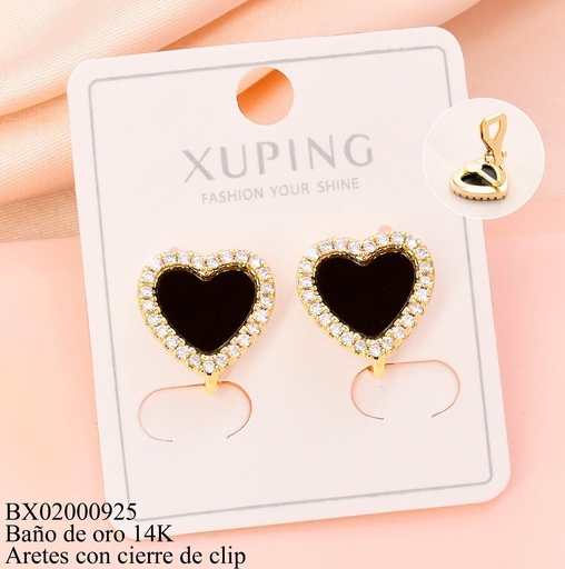[BX02000925] ARETES BAÑO DE ORO 14K.CORAZON NEGRO BORDE ZIRC.(XAG)