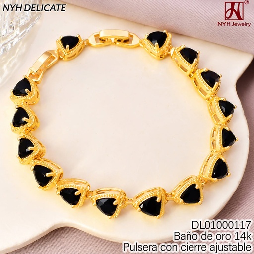 [DL01000117] PULSERA BAÑO DE ORO 14K.CD.ZIRC.CORAZON NEGRO C/BORDE ZWQ738A (OC.)