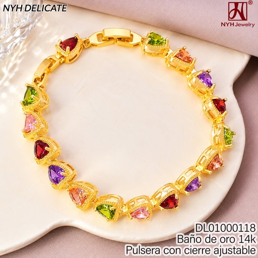 [DL01000118] PULSERA BAÑO DE ORO 14K.CD.ZIRC.CORAZON COL.C/BORDE ZWQ686D (OC.)