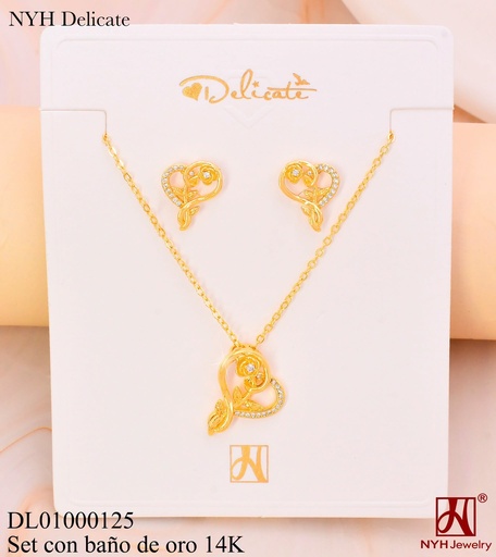[DL01000125] SET BAÑO DE ORO 14K.CROQUI CORAZON C/ROSA SY1433B MR (OC.)