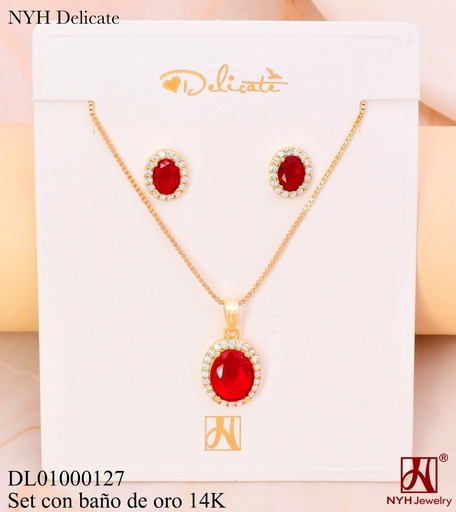 [DL01000127] SET BAÑO DE ORO 14K.ZIRC.OV ROJA C/BORDE KY805K MR (OC.)