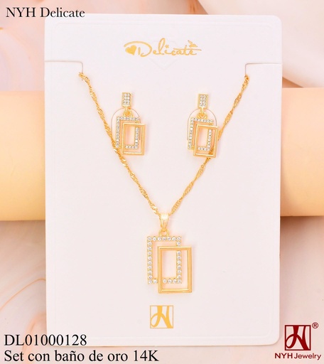 [DL01000128] SET BAÑO DE ORO 14K.CROQUI DOBLE RECT. VERT.LISO-ZIRC. MR (OC.)