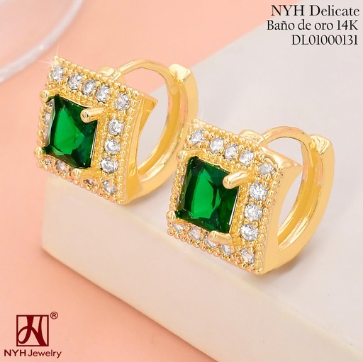 [DL01000131] ARETES HUGGIES BAÑO DE ORO 14K. CD.ZIRC.CENTRO VERDE TG27721(OC.)