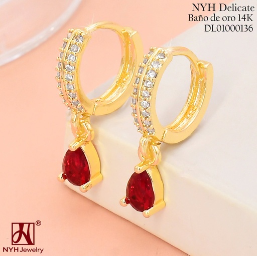 [DL01000136] ARETES HUGGIES BAÑO DE ORO 14K. GOTA ZIRC.ROJA TG3310U (OC.)