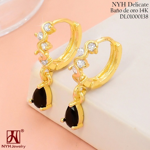 [DL01000138] ARETES HUGGIES BAÑO DE ORO 14K. GOTA ZIRC.NEGRO TGZ514K (OC.)
