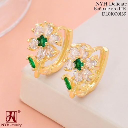 [DL01000139] ARETES HUGGIES BAÑO DE ORO 14K.FLOR ZIRC.C/VERDE XM1069N (OC.)
