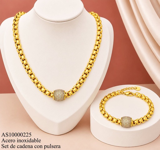 [AS10000225] SET CADENA-PULSERA ESLAB. VENECIANO / CILINDRO ZIRC. WH000283 (10C).