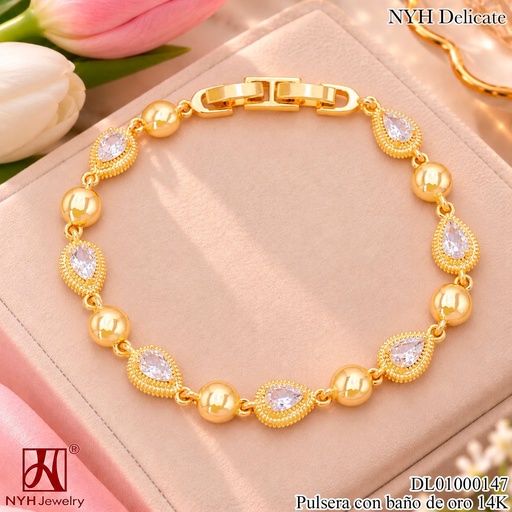 [DL01000147] PULSERA BAÑO DE ORO 14K.GOTA ZIRC./CIRC. DOR LISO XM2156A (OC.)