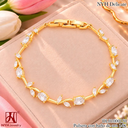 [DL01000150] PULSERA BAÑO DE ORO 14K. ZIRC. OV. CRISTAL/HOJITAS XM1998H (OC.)