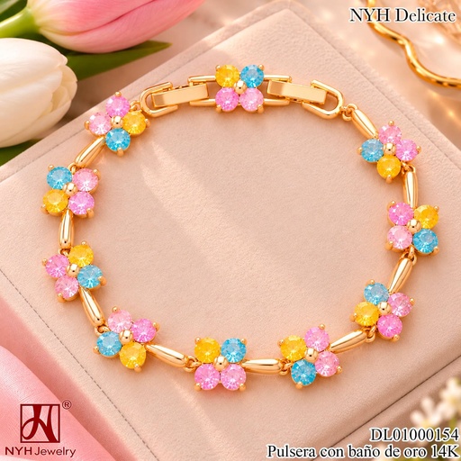 [DL01000154] PULSERA BAÑO DE ORO 14K. FLORES ZIRC. COLORES XM1941T (OC.)