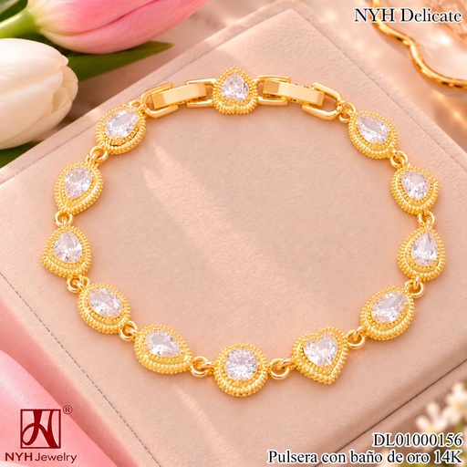 [DL01000156] PULSERA BAÑO DE ORO 14K. ZIRC. CRISTAL RD/GOTA/OV. XM2027D (OC.)