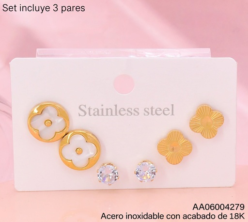 [AA06004279] PAQ.3 PARES ARETES ACERO INOX. ACABADO 18K. VAN CLEEF BLANCO/DOR/ZIRC RD (2V26)
