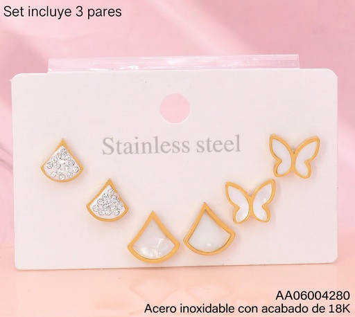 [AA06004280] PAQ.3 PARES ARETES ACERO INOX. ACABADO 18K. ABANICO IVERT./MARIPOSA BLANCA (2V26)