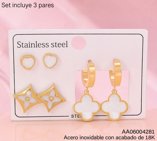 [AA06004281] PAQ. 3 PARES ARETES ACERO INOX. ACABADO 18K. CORAZON BLANCO/VAN CLEEF BLANCO/HUGGIES (2V26)
