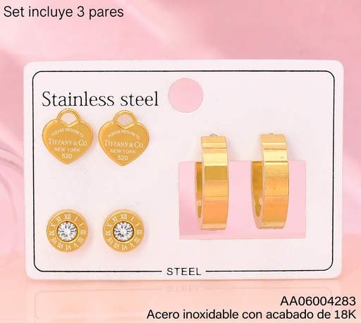 [AA06004283] PAQ. 3 PARES ARETES ACERO INOX. ACABADO 18K CORAZON TIFFANY/ZIRC RD/HUGGIES (2V26)