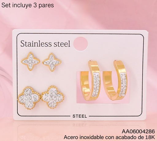 [AA06004286] PAQ. 3 PARES ARETES ACERO INOX. ACABADO 18K. ESTRELLA/VAN CLEEF/HUGGIE ZIRC (2V26)