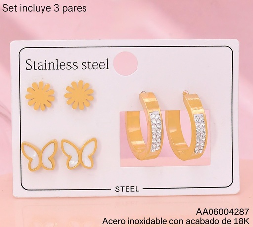 [AA06004287] PAQ. 3 PARES ARETES ACERO INOX. ACABADO 18K FLOR/MARIPOSA/ HUGGIES ZIRC. (2V26)