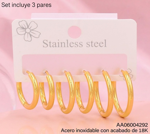 [AA06004292] PAQ. 3 PARES ARETES ACERO INOX. ACABADO 18K HUGGIES LISAS (2V26)