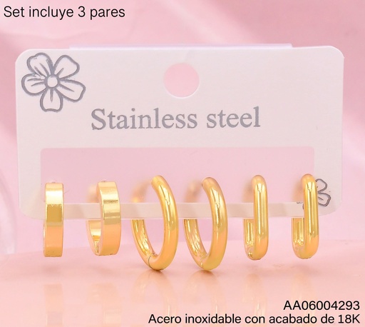 [AA06004293] PAQ. 3 PARES ARETES ACERO INOX. ACABADO 18K HUGGIES LISAS(2V26)