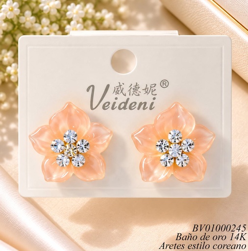 [BV01000245] ARETES BAÑO ORO 14K.  FLOR RESINA/ZIRC CRISTAL CENTRO EH-3027 (VEI080926)