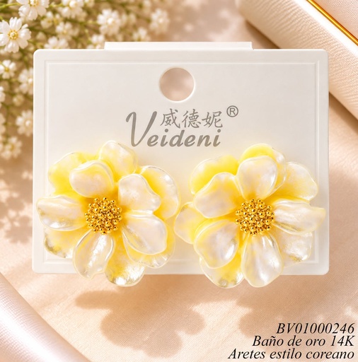 [BV01000246] ARETES BAÑO ORO 14K.  FLOR BLANCA/PISTILOS DOR. MMEH-0201 (VEI080926)