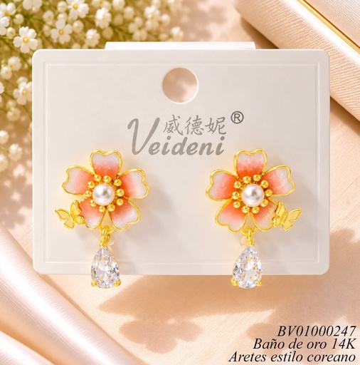 [BV01000247] ARETES BAÑO ORO 14K. FLOR BLANCA C/ ROSADO /ZIRC. EH-4063 (VEI080926)