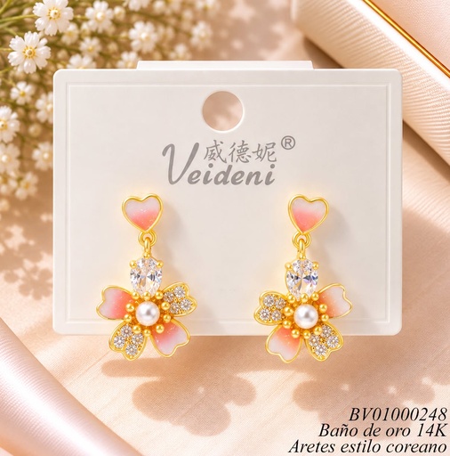 [BV01000248] ARETES BAÑO ORO 14K.  CORAZON / FLOR ESMALTADA/ZIRC. EH-3909 (VEI080926)